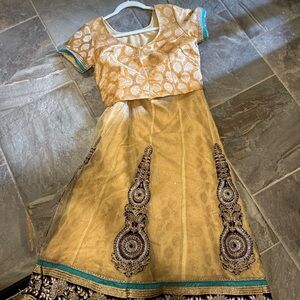 Elegant Gold and Blue Embroidered Dress